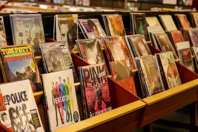 Vinyl albums on shelves in a record store
