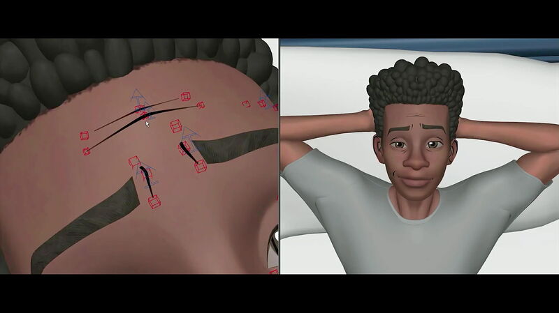 Zweiteiliger Bildschirm zeigt 3D-Animation eines jungen Mannes mit dunklen Haaren, links Nahaufnahme der Augenbrauen mit Animationssteuerungen, rechts der junge Mann liegt entspannt mit Händen hinter dem Kopf