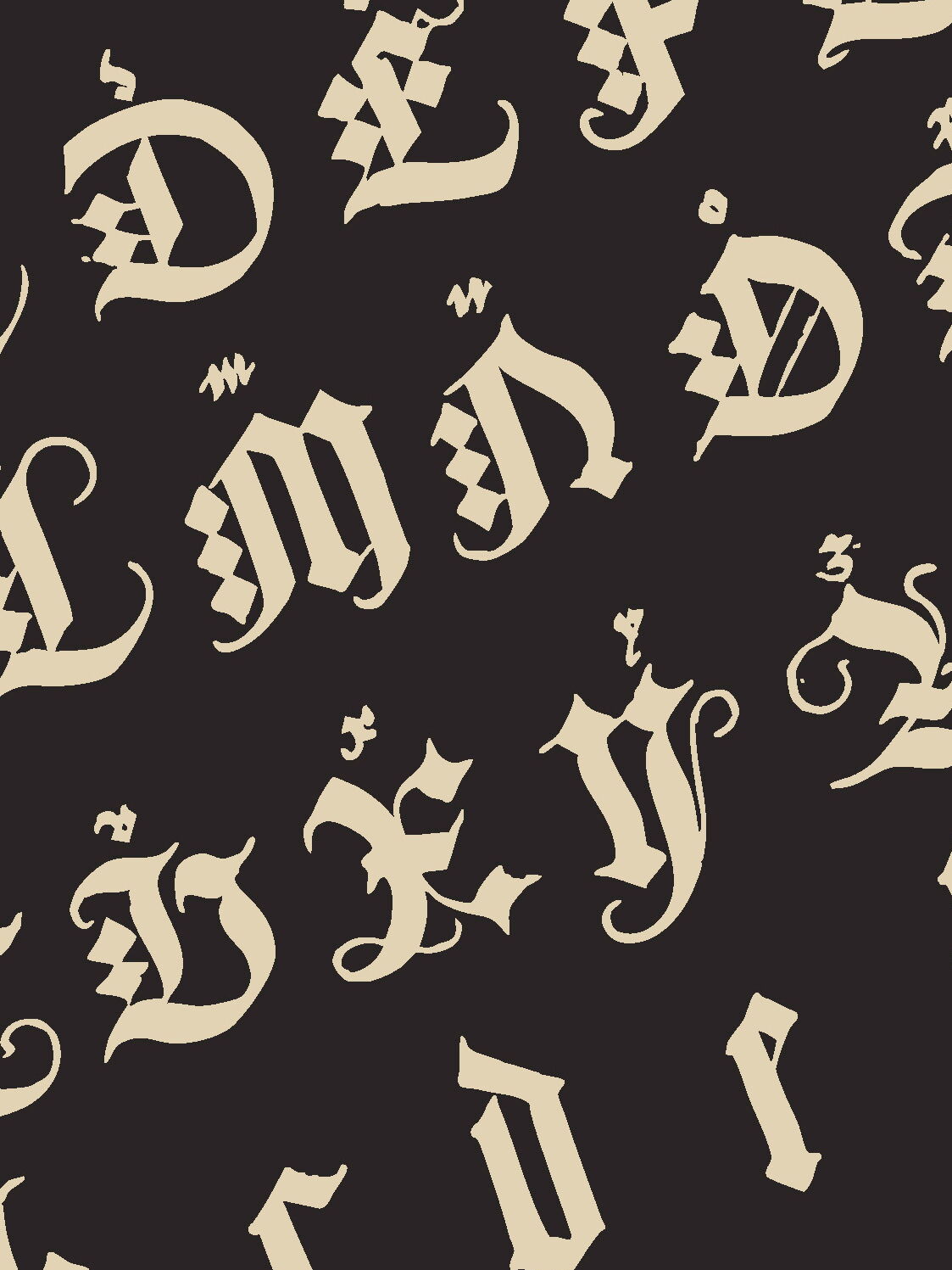 Beige Buchstaben in Frakturschrift auf schwarzem Hintergrund, zufällig angeordnet