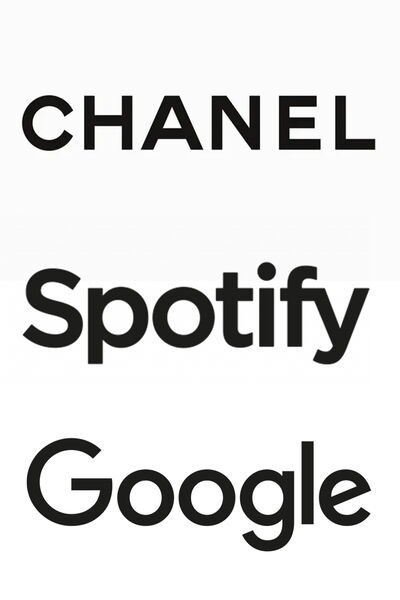Logo Beispiele für Serifenlose-Schriften (Chanel, Spotify, Google)