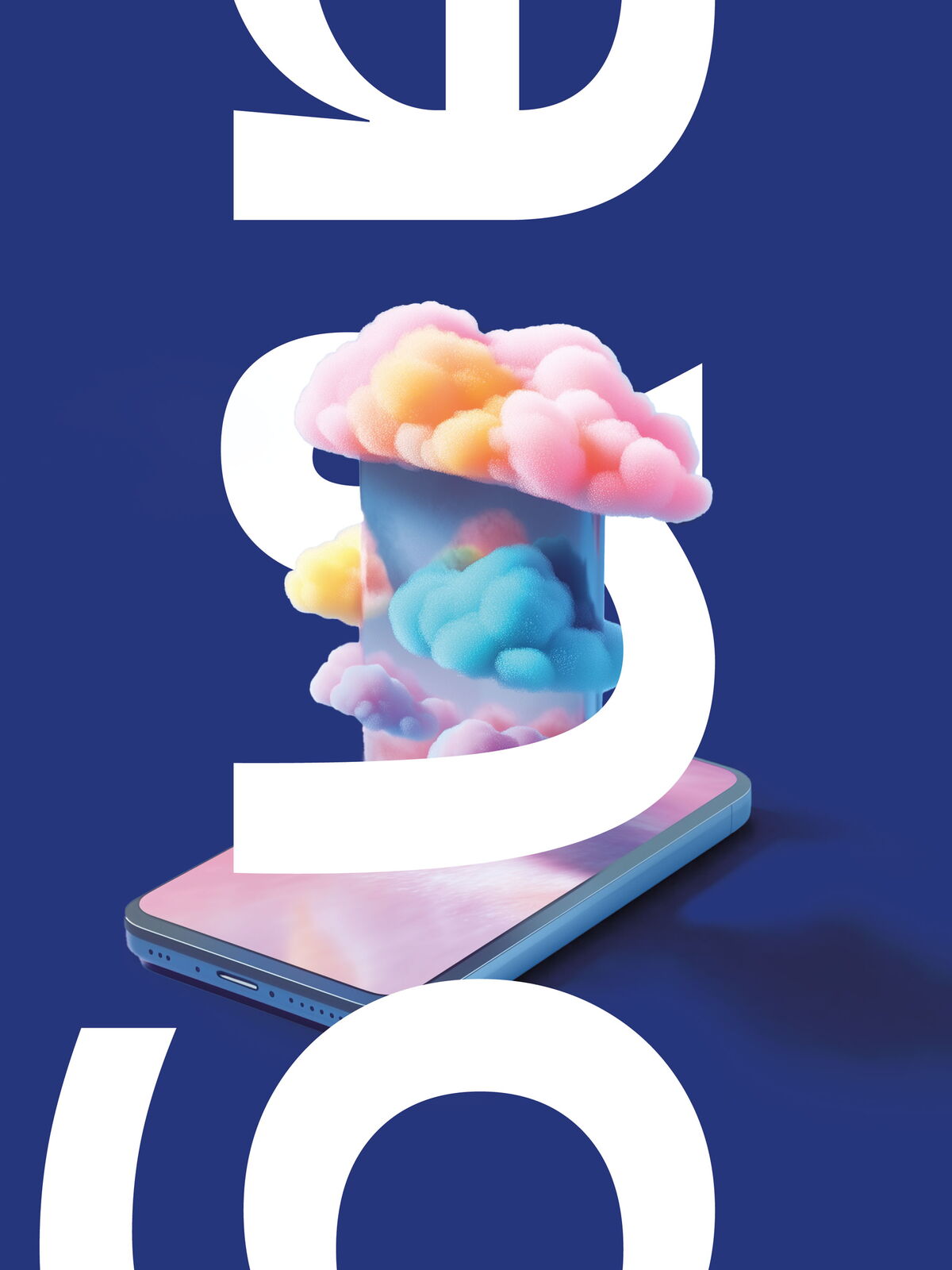 Smartphone mit bunten, wolkenartigen Formen, die aus dem Bildschirm aufsteigen, vor blauem Hintergrund mit großen weißen Buchstaben