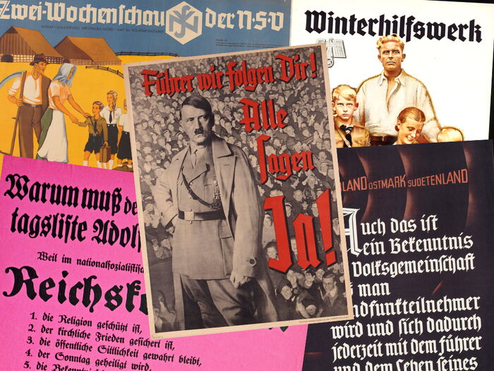 Collage aus NS-Propagandaplakaten mit Adolf Hitler im Mittelpunkt, darunter rote Schrift 'Führer wir folgen Dir! Alle sagen Ja!' und weitere Texte in Frakturschrift zu Reichskirchen und Winterhilfswerk.