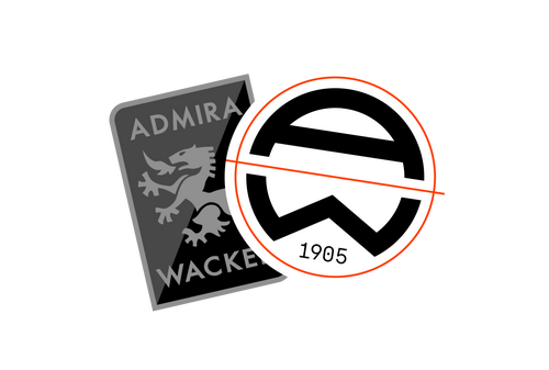 Logo von Admira Wacker mit einem stilisierten Löwen und Text 'ADMIRA WACKER' sowie ein rundes Logo mit schwarzem und weißem Design und der Jahreszahl '1905'