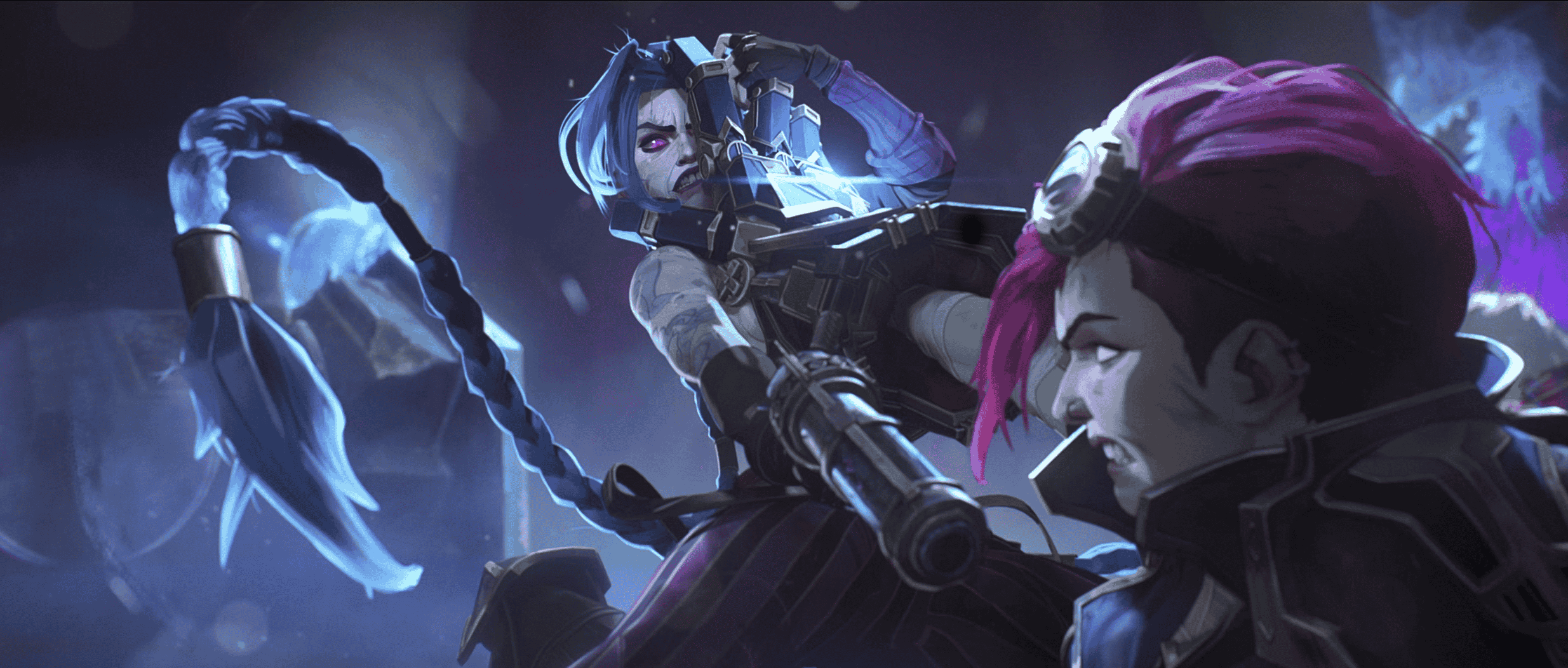 Zwei animierte Frauen (Jinx und Vi) in einem Kampf, eine mit langen blauen Zöpfen und die andere mit pinkem kurzem Haar