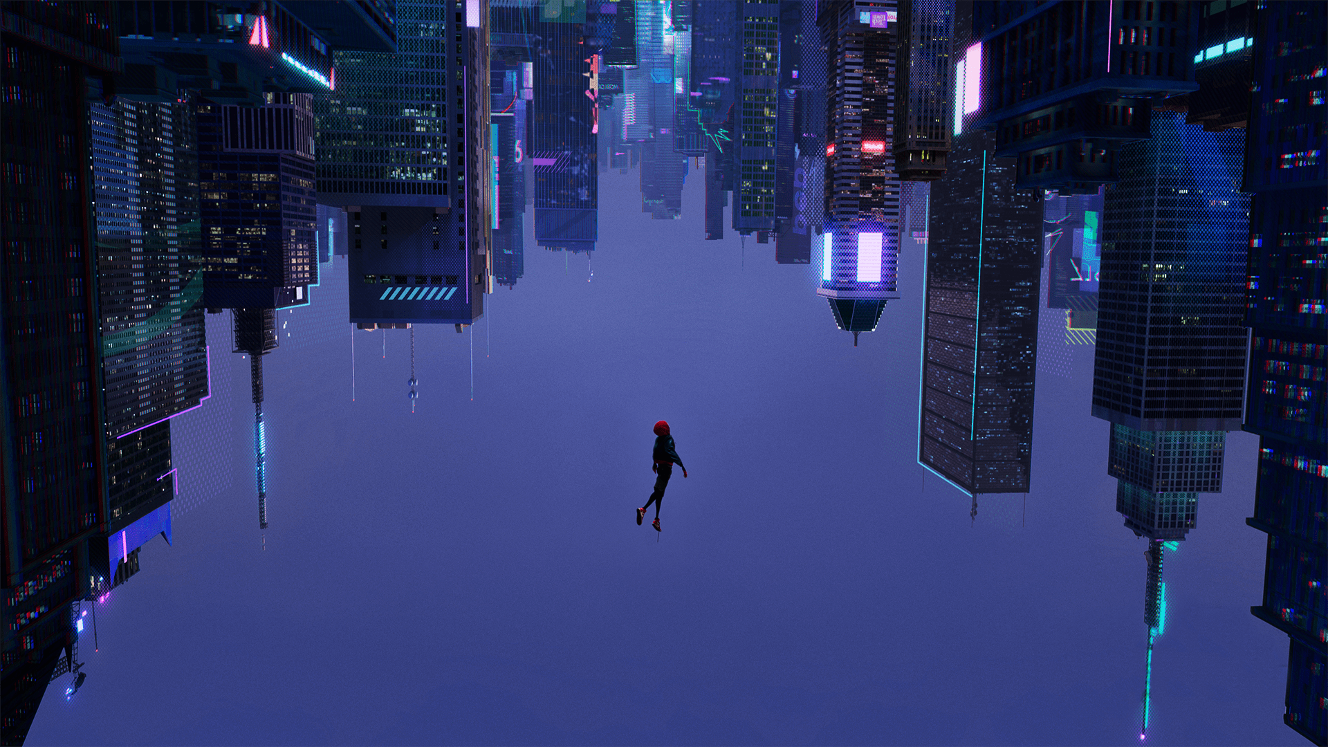 Miles Morales fällt kopfüber durch eine Stadt mit beleuchteten Wolkenkratzern in der Dämmerung