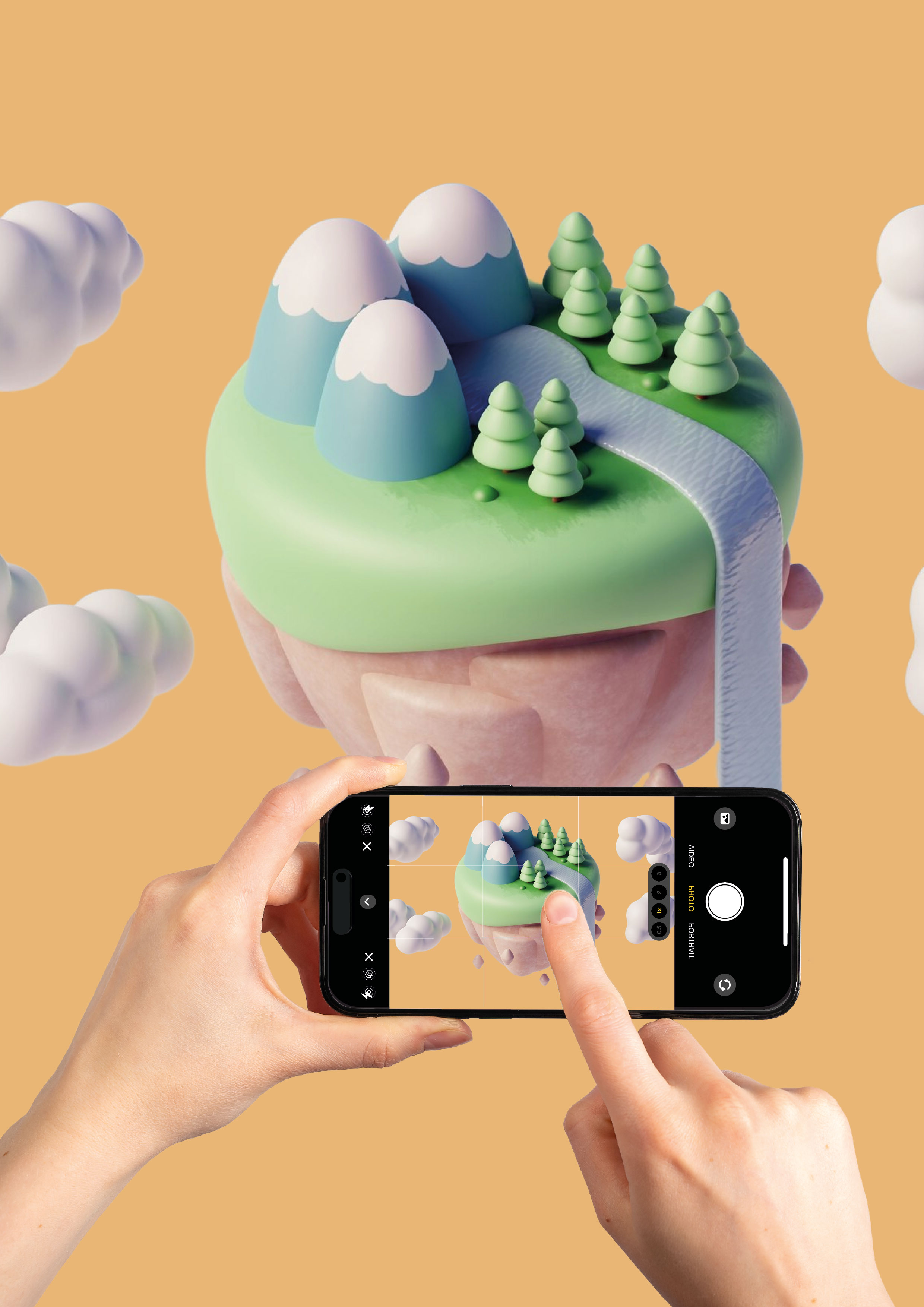 Hände bedienen ein Smartphone, das eine 3D-Landschaft mit Bergen, Bäumen und einem Fluss auf dem Bildschirm zeigt