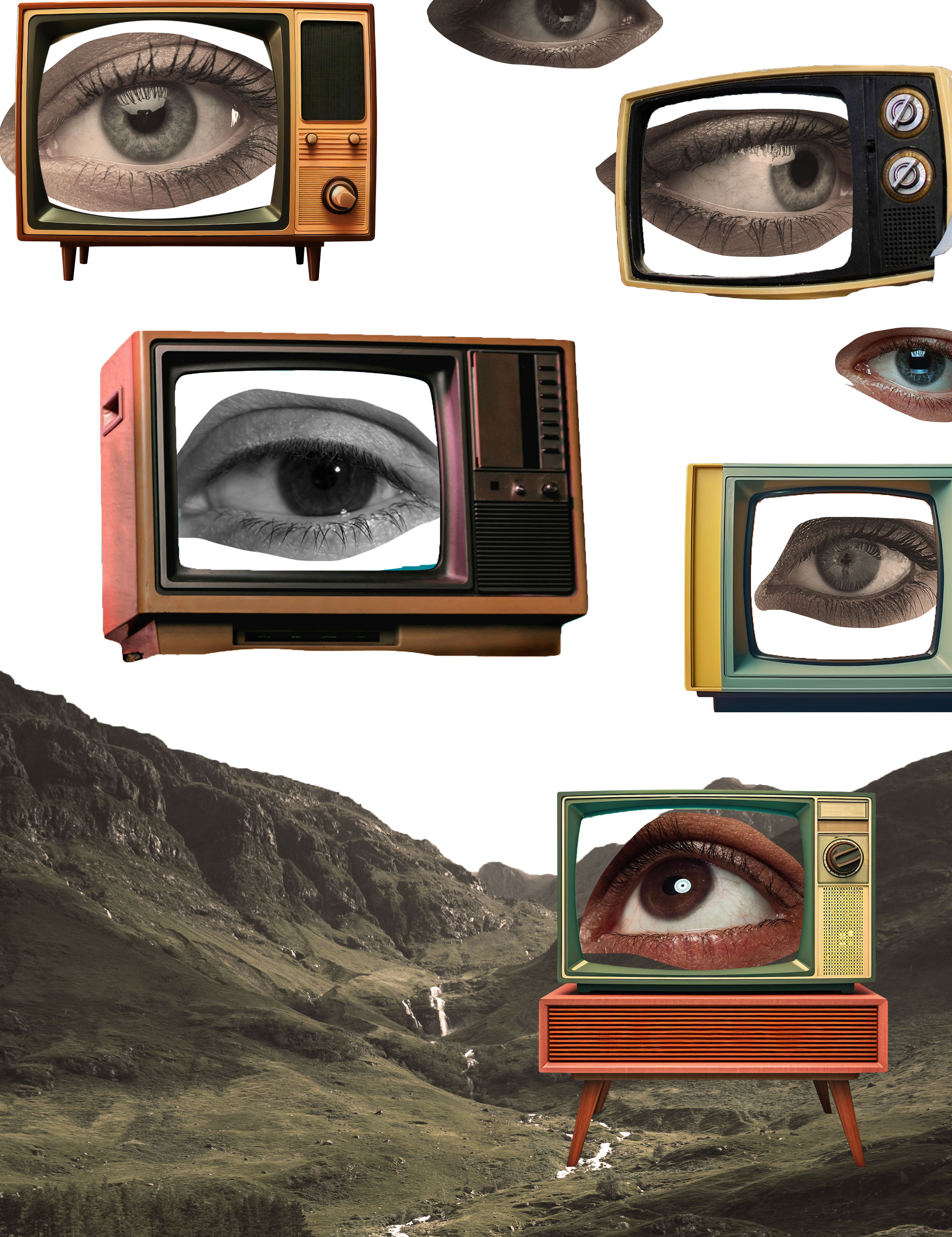 Collage aus alten Fernsehern mit großen menschlichen Augen auf den Bildschirmen, darunter eine grüne Berglandschaft mit Wasserfall