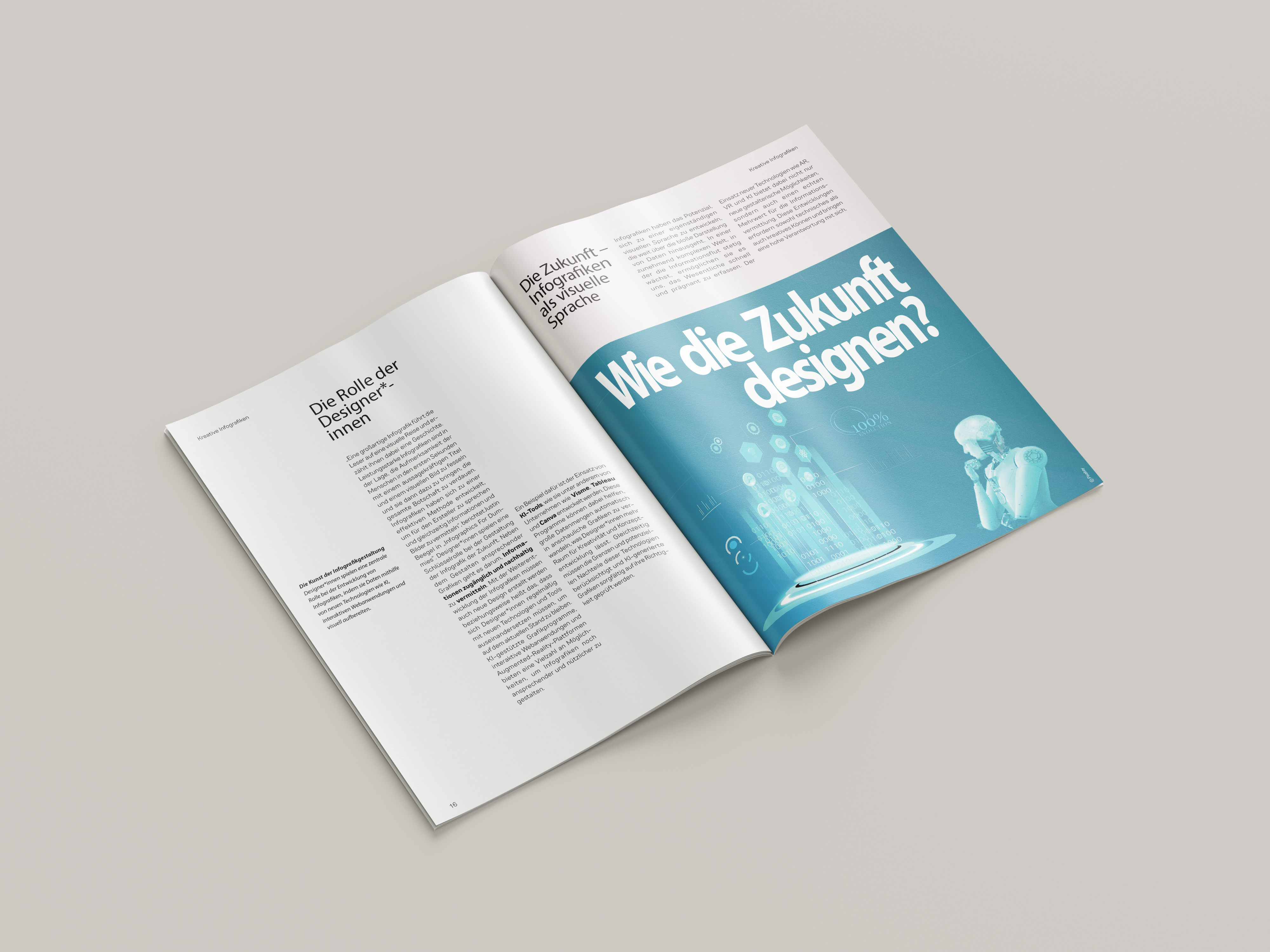 Geöffnete Magazinseite mit Artikelüberschriften 'Die Rolle der Designer*innen' und 'Wie die Zukunft designen?' auf blauem Hintergrund mit futuristischem Roboter und Hologramm