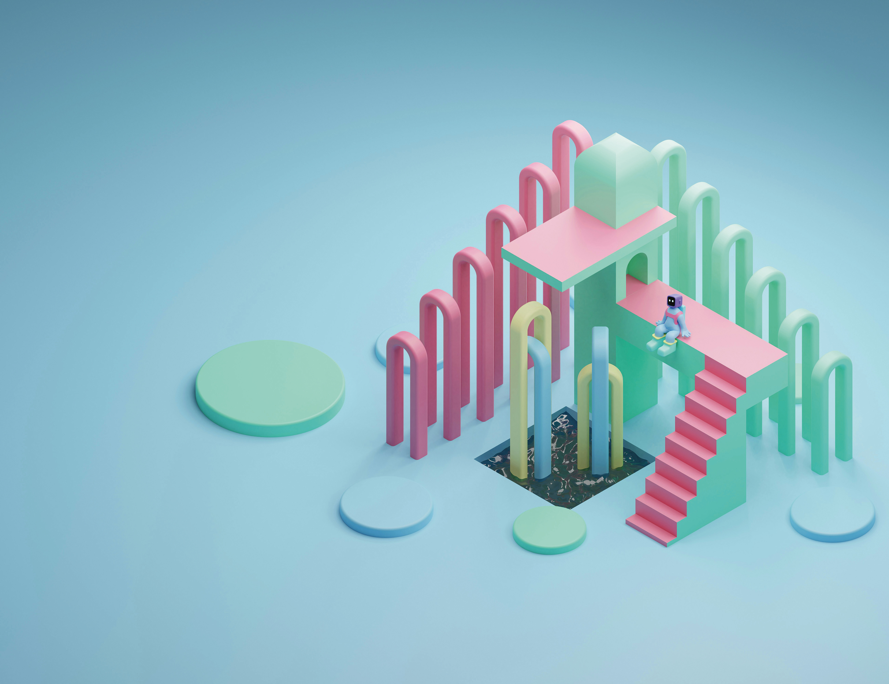 Abstrakte 3D-Struktur mit rosa Treppe, grünen und rosa Bögen, und einer kleinen humanoiden Figur mit schwarzem Gesichtsschild auf einer Plattform