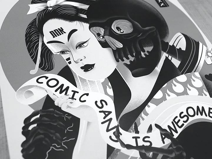 Illustration einer Frau, die ein Banner mit der Aufschrift „Comic Sans is awesome“ hochhält.