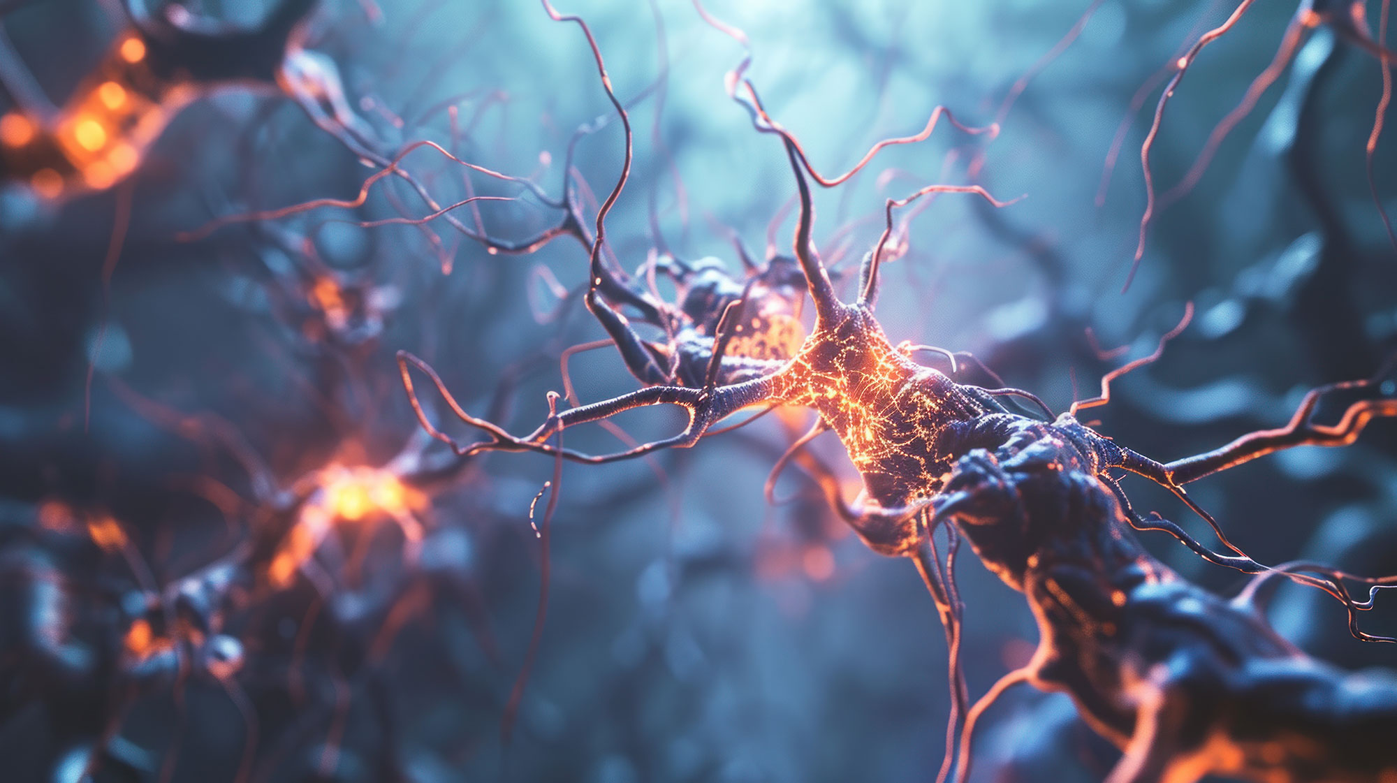 Nahaufnahme von Neuronen mit leuchtenden Verbindungen, die neuronale Aktivität im Gehirn darstellen